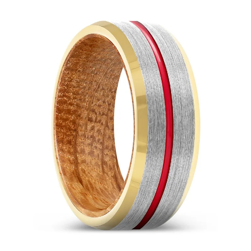 Women’s round diamond engagement ring-RUMBLE | Whiskey Barrel Wood, Silver Tungsten Ring, Red Groove, Gold Beveled Edge