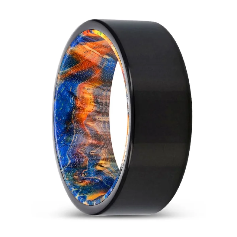 Women’s sapphire ring-OAKHEART | Blue & Yellow/Orange Wood, Black Tungsten Ring, Shiny, Flat