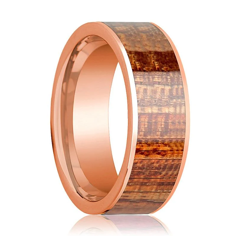 Women’s blue diamond engagement ring-14k Rose Gold Polished Flat Mahogany Wood Inlay Ring for Men