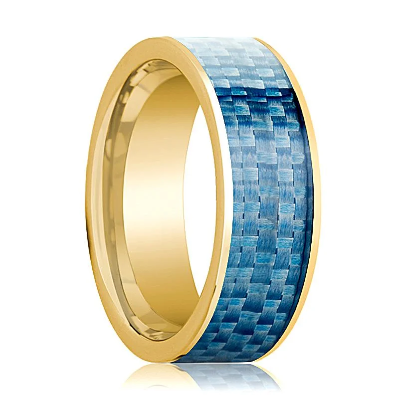 Women’s custom diamond ring-Men's 14k Yellow Gold Wedding Band with Blue Carbon Fiber Inlay Flat Polished Design - 8MM