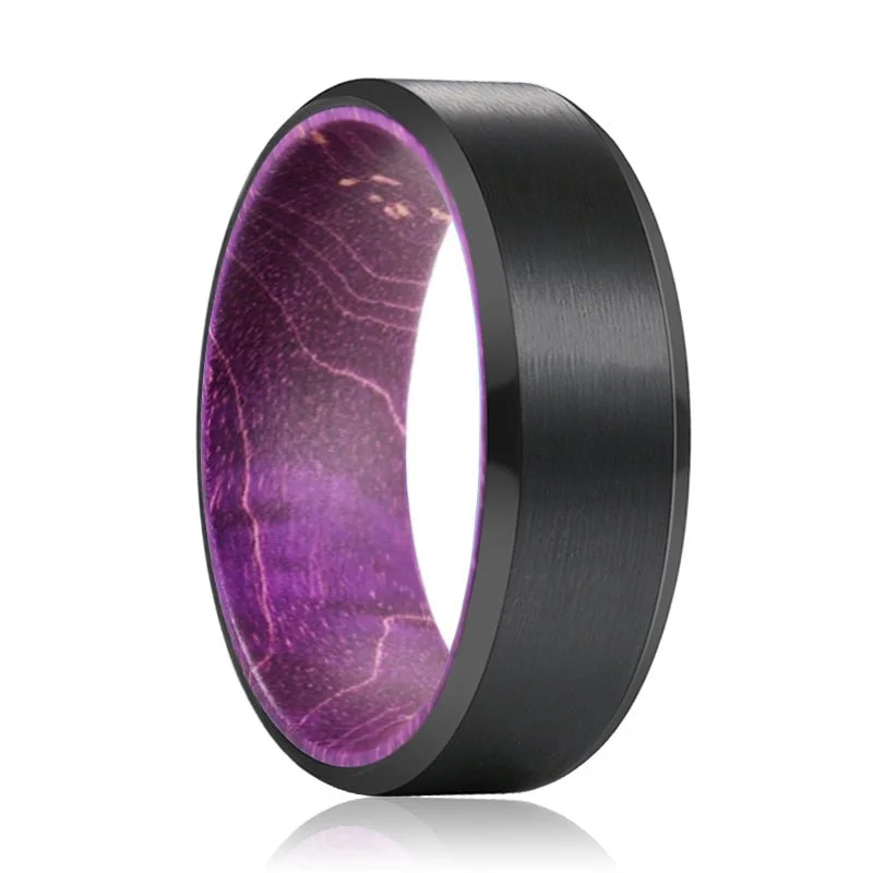 Women’s gold engagement ring-TANZ | Purple Wood, Black Tungsten Ring, Brushed, Beveled