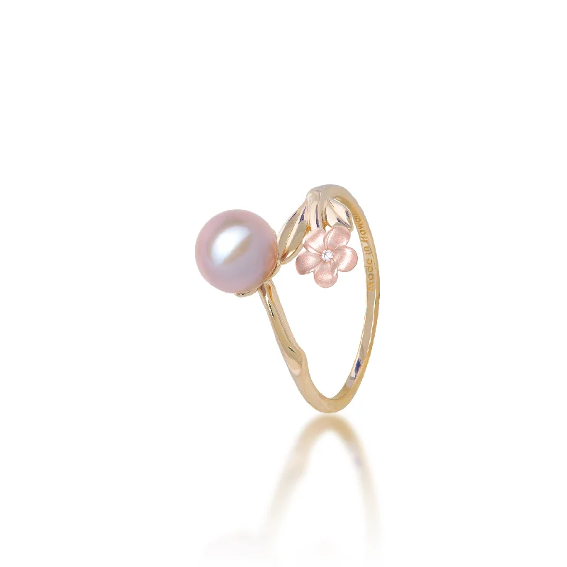 Women’s cushion cut engagement rings-Pearls in Bloom Plumeria Lavender Freshwater Pearl Ring in Two Tone Gold with Diamond - 7-8mm