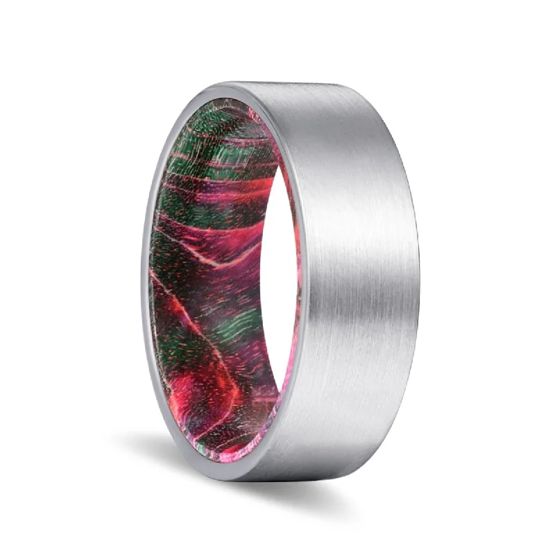 Women’s wedding rings for women-PATTERN | Green and Red Wood, Silver Tungsten Ring, Brushed, Flat