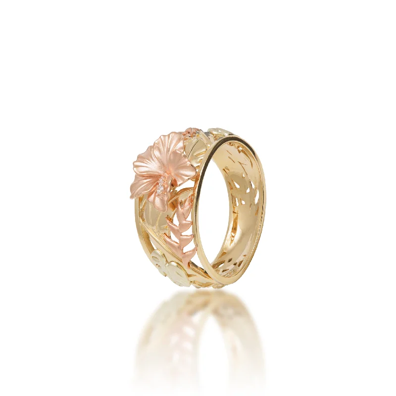 Women’s solitaire engagement rings-Hawaiian Gardens Hibiscus Ring in Tri Color Gold with Diamonds - 12mm