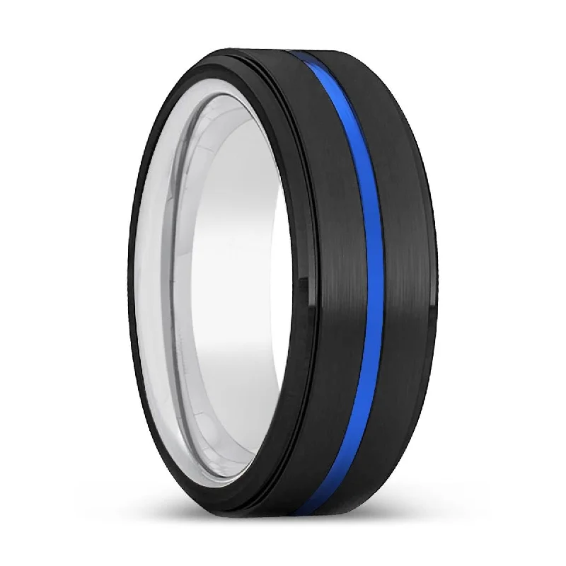 Women’s wedding ring with halo-YOSHII | Silver Ring, Black Tungsten Ring, Blue Groove, Stepped Edge