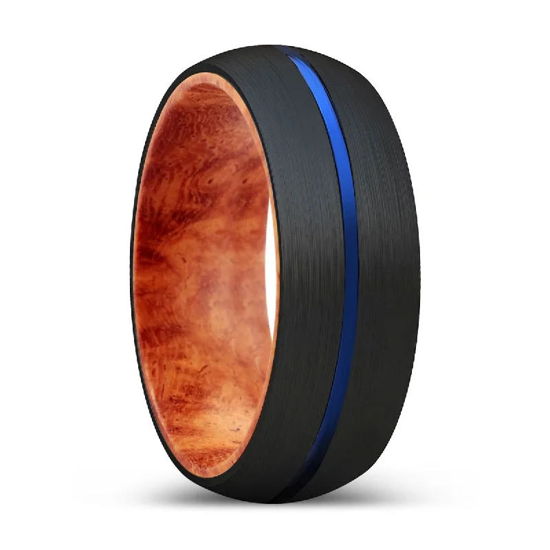 Women’s minimal engagement ring-ALFRED | Red Burl Wood, Black Tungsten Ring, Blue Groove, Domed