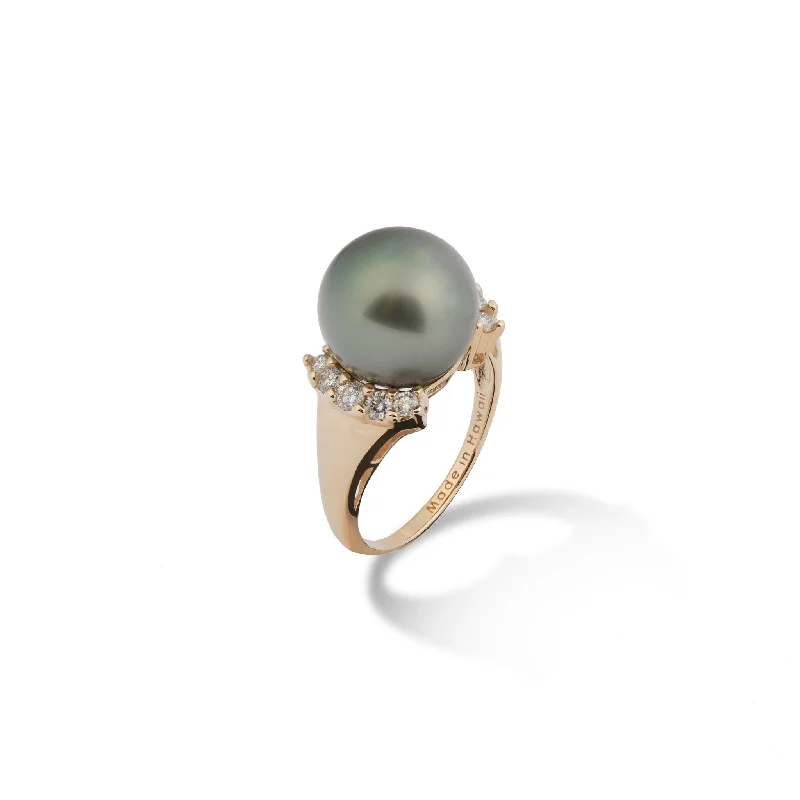 Women’s two-tone engagement rings-Tahitian Black Pearl Ring in Gold with Diamonds - 12-13mm