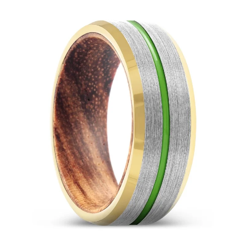 Women’s stackable engagement bands-PARAGON | Zebra Wood, Silver Tungsten Ring, Green Groove, Gold Beveled Edge