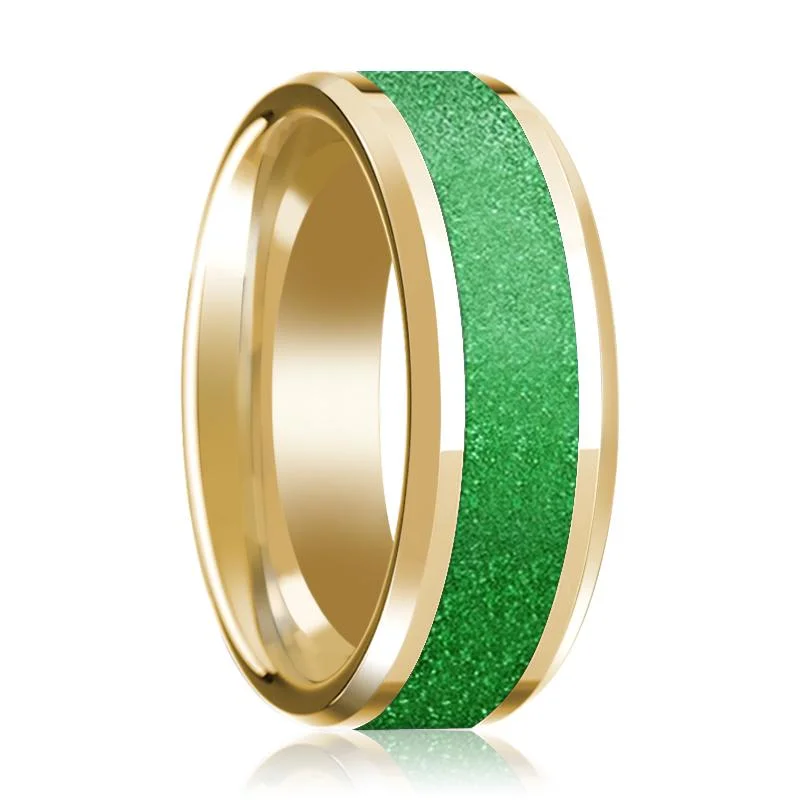 Women’s stackable rings-Textured Green Inlaid Men's 14k Yellow Gold Polished Wedding Band with Bevels - 8MM