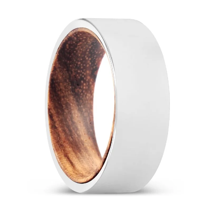 Women’s gold wedding band-BELVINS | Zebra Wood, Silver Tungsten Ring, Shiny, Flat