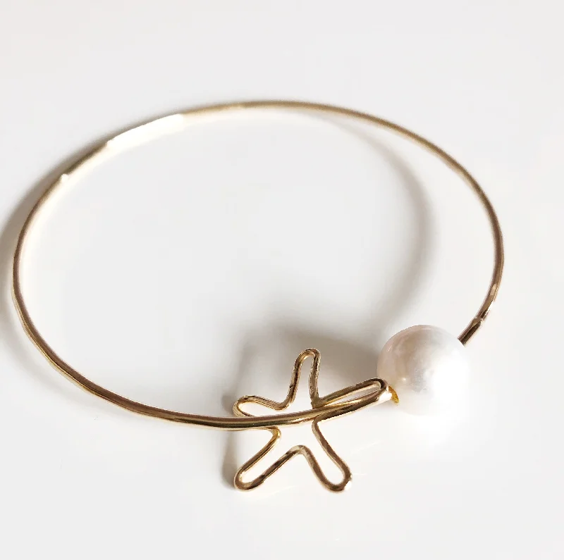 Women’s stackable silver bangles-Starfish charm bangle - Fresh water pearl (B347)