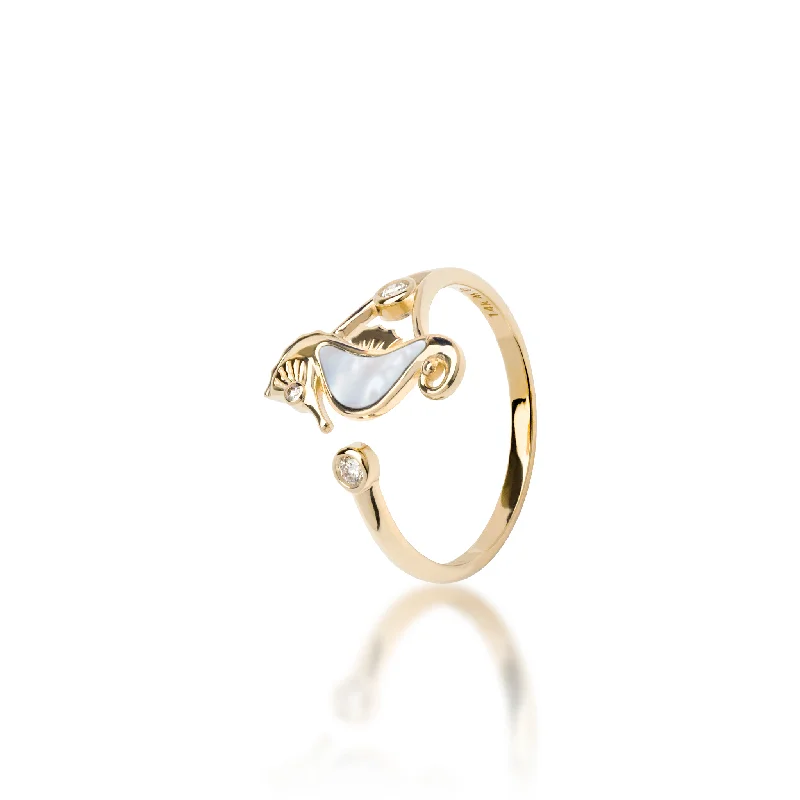 Women’s engagement rings for brides-Sealife Seahorse Mother of Pearl Ring in Gold with Diamonds - 15mm