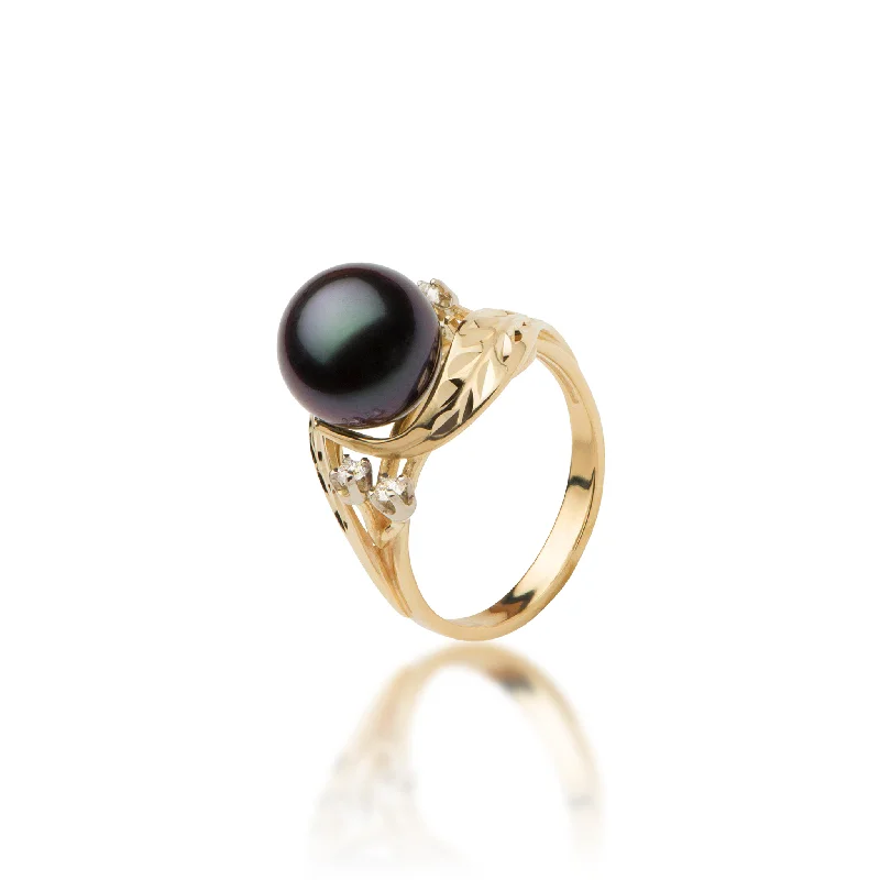 Women’s cushion-cut halo engagement rings-Maile Tahitian Black Pearl Ring in Gold with Diamonds - 9-10mm