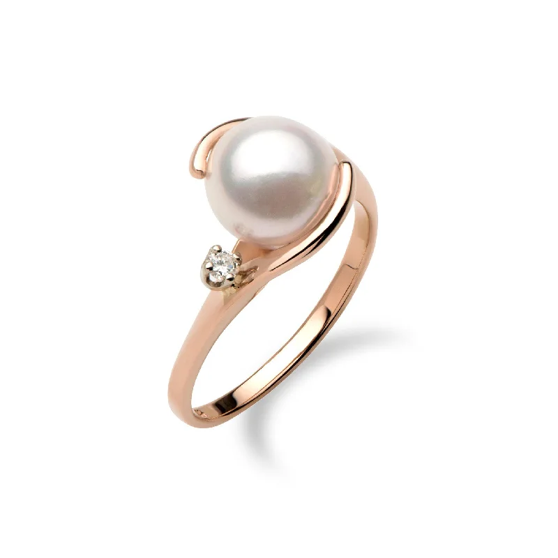 Women’s twisted band engagement rings-Akoya Pearl Ring in Rose Gold with Diamond - 8mm