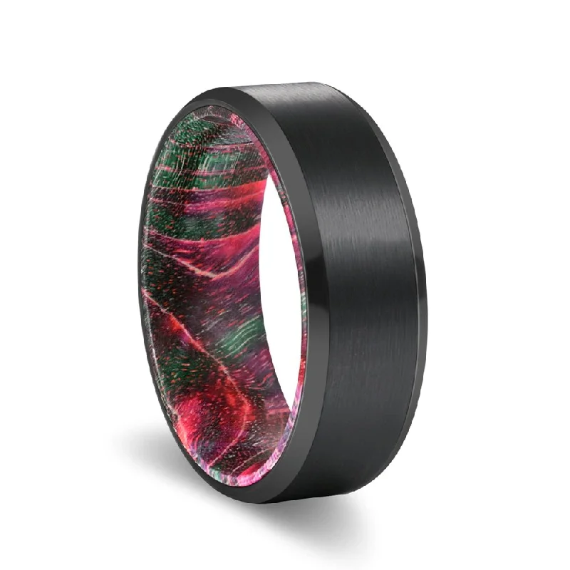 Women’s eternity diamond ring-DONALDSON | Green and Red Wood, Black Tungsten Ring, Brushed, Beveled