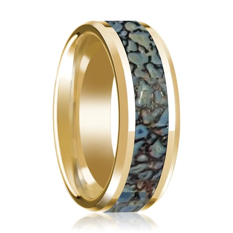 Women’s unique promise ring-CORYTHOSAURUS |  Blue Dino Bone Inlaid 14k Yellow Gold