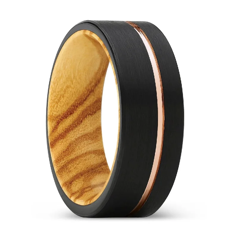 Women’s pear-shaped engagement ring-UTOPIA | Olive Wood, Black Tungsten Ring, Rose Gold Offset Groove, Brushed, Flat