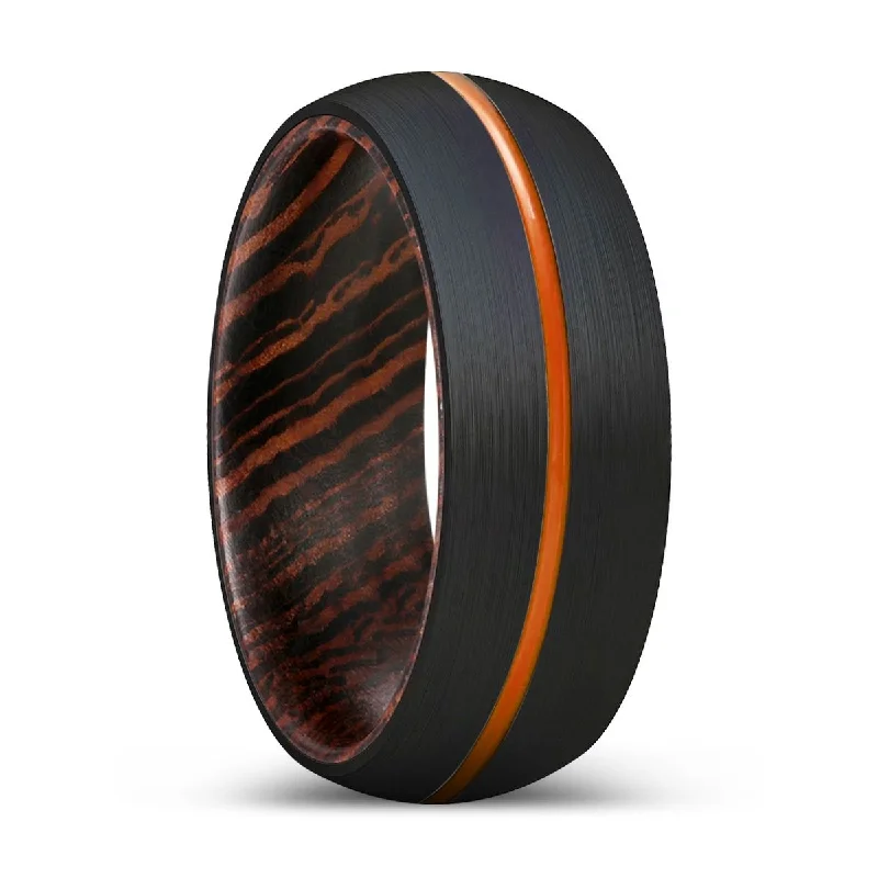 Women’s statement ring-ZENITH | Wenge Wood, Black Tungsten Ring, Orange Groove, Domed