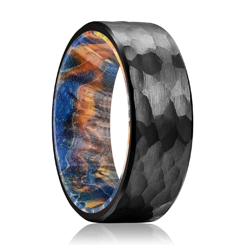 Women’s personalized wedding ring-MASON | Blue & Yellow/Orange Wood, Black Tungsten Ring, Hammered, Flat