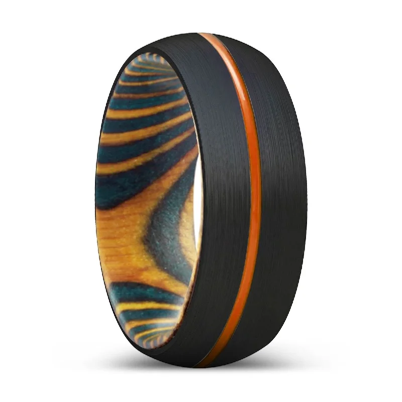 Women’s diamond ring with side stones-GINKO | Green & Yellow Wood, Black Tungsten Ring, Orange Groove, Domed