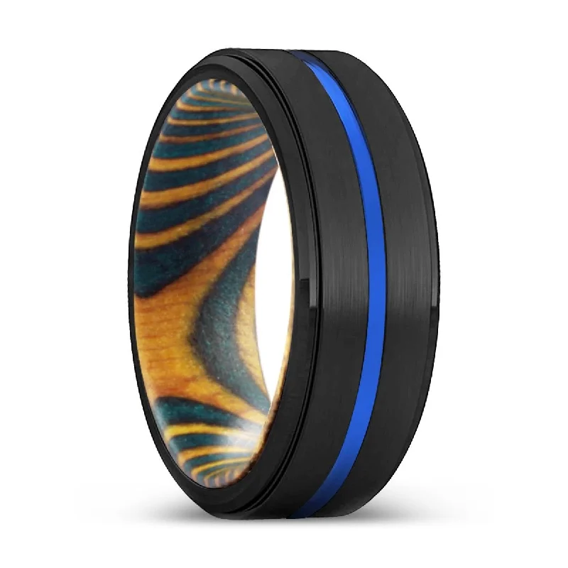 Women’s wedding rings for women-FLAMING | Green & Yellow Wood, Black Tungsten Ring, Blue Groove, Stepped Edge