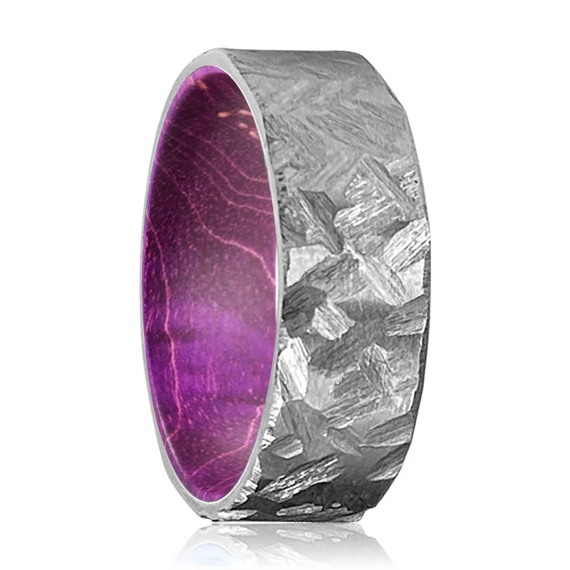 Women’s trendy gemstone ring-JAMBALI | Purple Wood, Silver Titanium Ring, Hammered, Flat