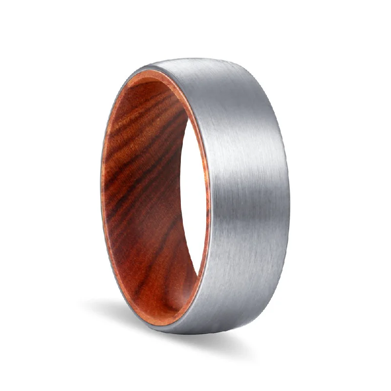 Women’s rose gold wedding ring-CHOPPER | Iron Wood, Silver Tungsten Ring, Brushed, Domed