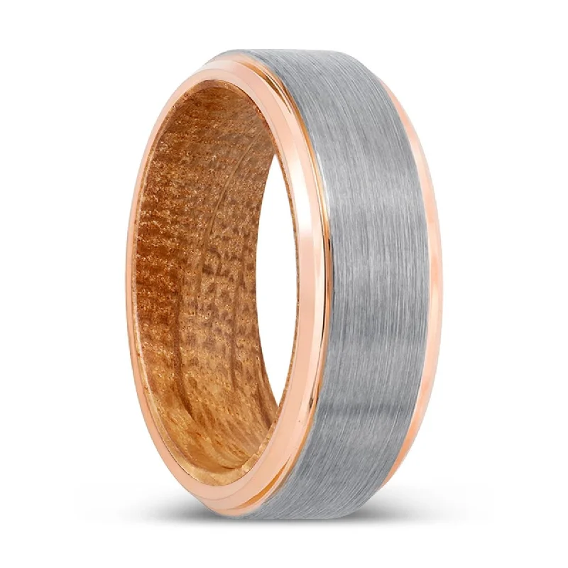 Women’s handmade wedding ring-RADIC | Whiskey Barrel Wood, Silver Tungsten Ring, Brushed, Rose Gold Stepped Edge