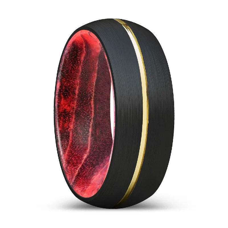 Women’s chunky engagement ring-KATANA | Black & Red Wood, Black Tungsten Ring, Gold Groove, Domed