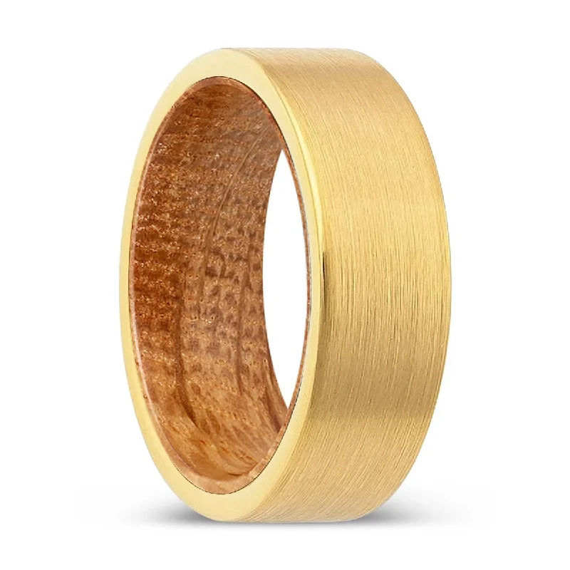 Women’s diamond eternity band-URBEN | Whiskey Barrel Wood, Gold Tungsten Ring, Brushed, Flat