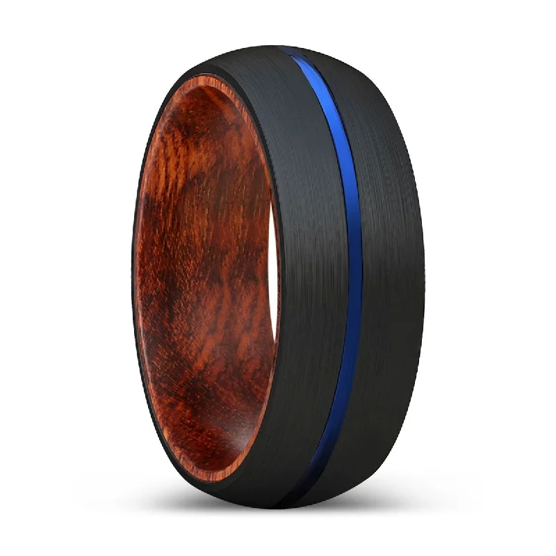 Women’s modern engagement ring-CAVEN | Snake Wood, Black Tungsten Ring, Blue Groove, Domed