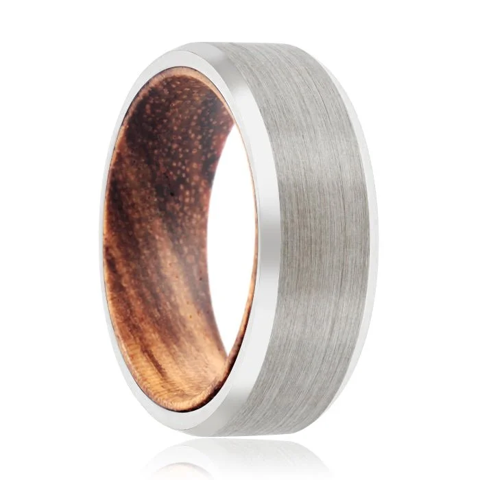 Women’s classic wedding ring-DIVINE | Zebra Wood, Silver Tungsten Ring, Brushed, Beveled