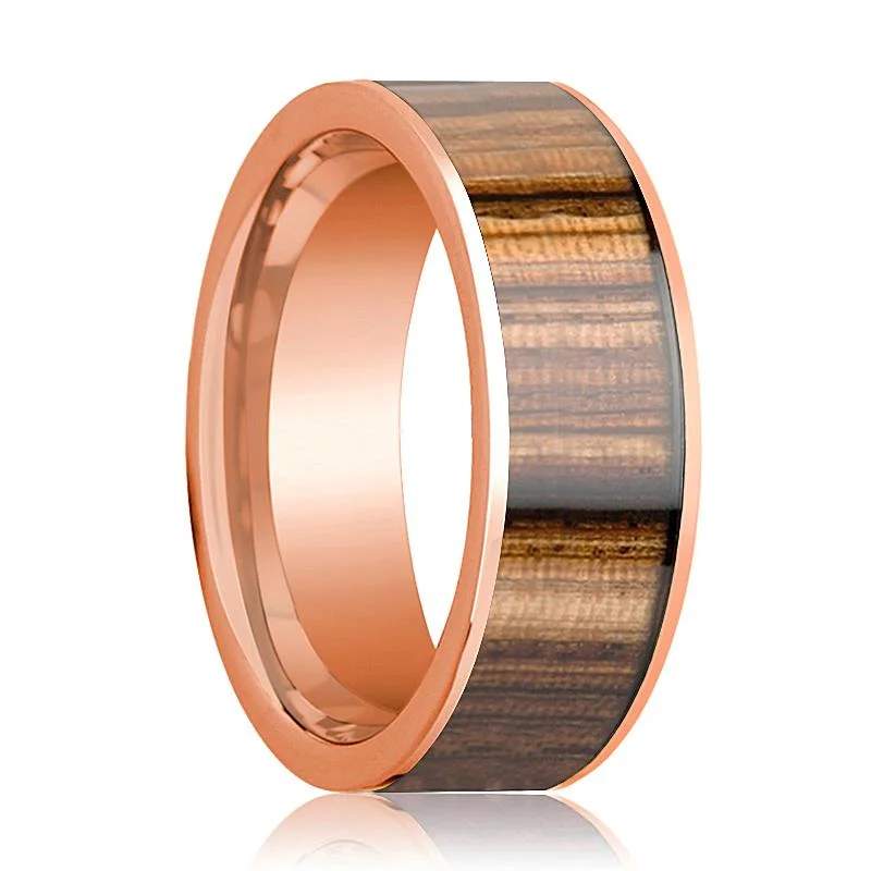 Women’s engagement ring with pink diamond-14k Rose Gold Men's Wedding Band with Zebra Wood Inlay Flat Polished - 8MM