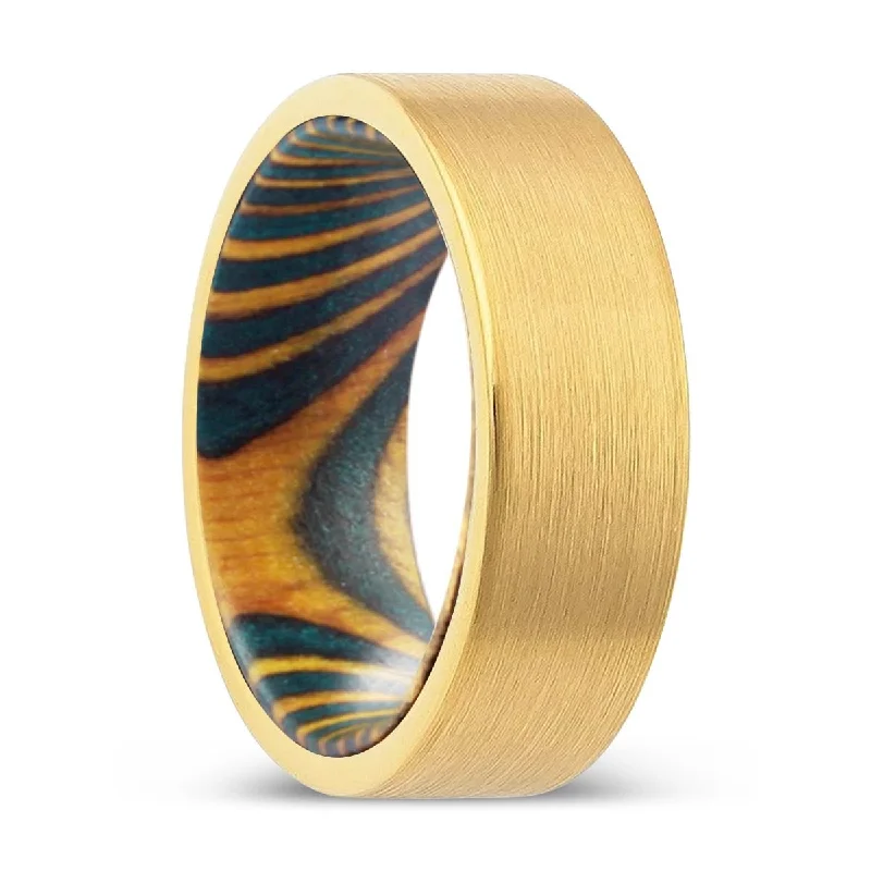 Women’s statement ring-KATOKA | Green & Yellow Wood, Gold Tungsten Ring, Brushed, Flat