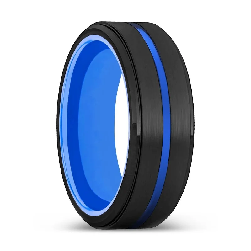 Women’s gold wedding band-DECIMATION | Blue Ring, Black Tungsten Ring, Blue Groove, Stepped Edge