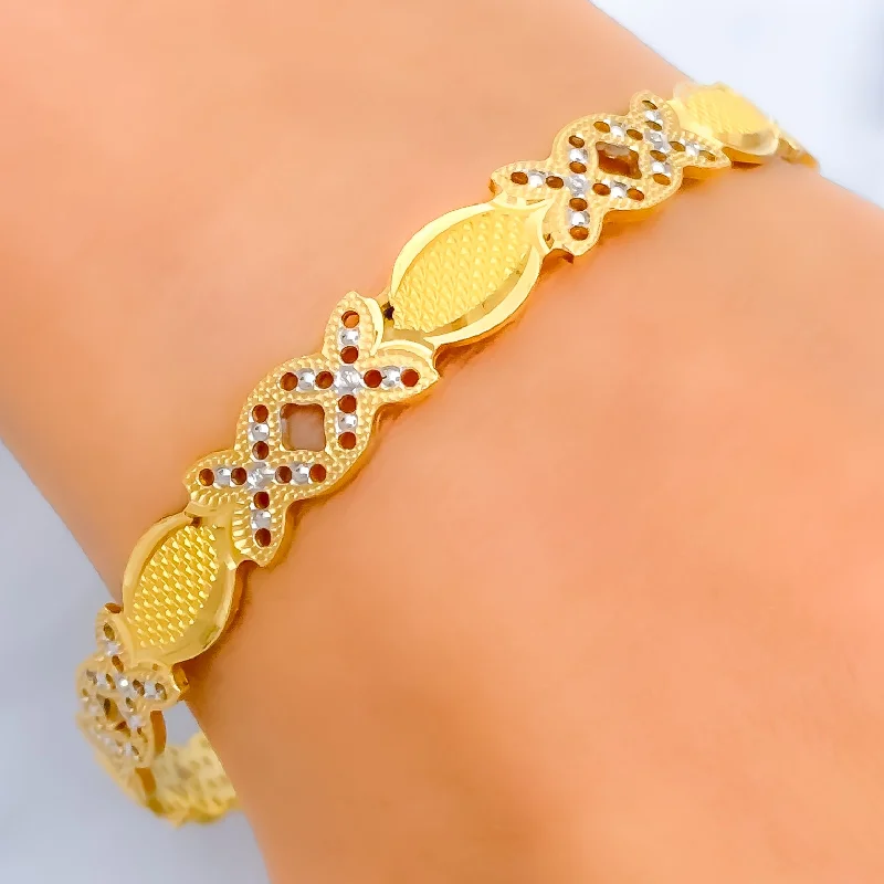 Women’s beaded charm bracelet-Textured Twin Flower 22k Gold Bangle