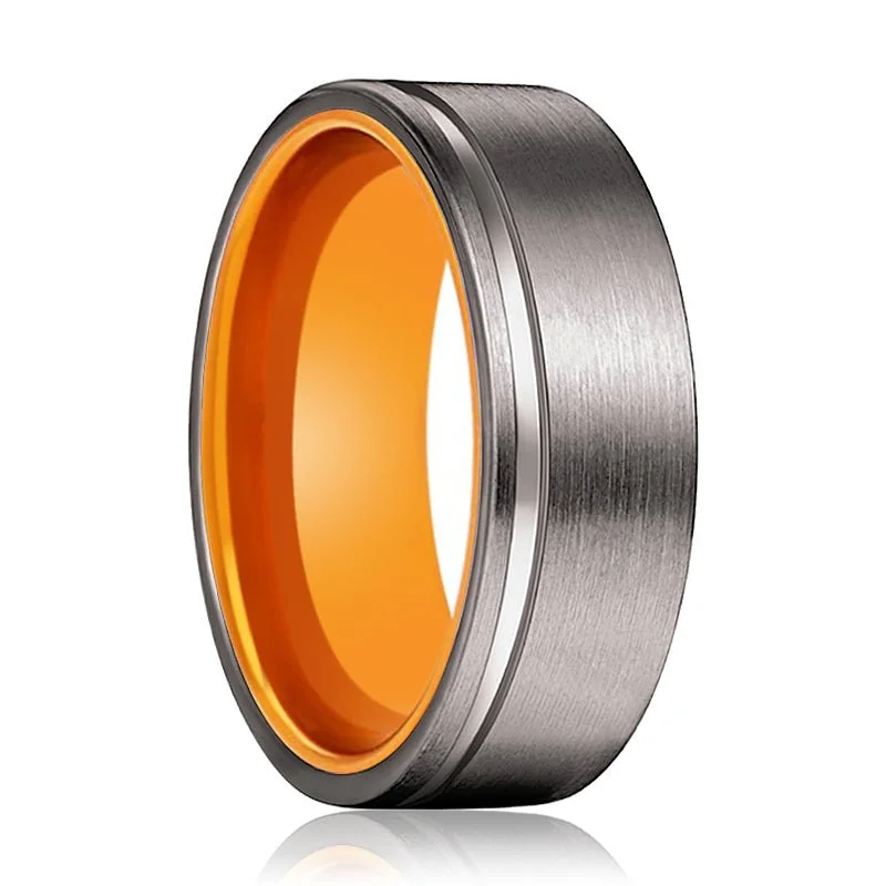 Women’s colorful engagement ring-TANG | Orange Ring, Gunmetal Tungsten Offset Groove