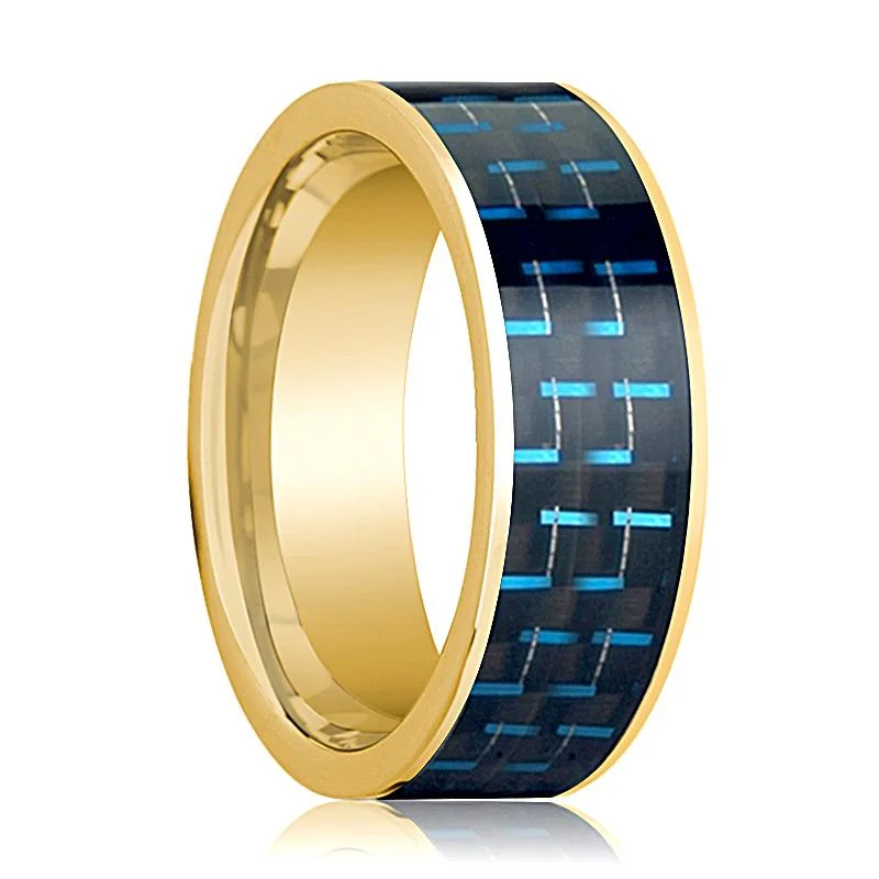 Women’s eternity band ring-Men's Polished 14k Yellow Gold Flat Wedding Band with Black & Blue Carbon Fiber Inlay - 8MM