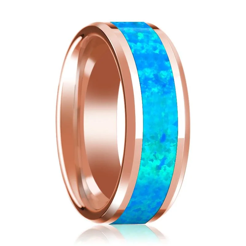 Women’s multi-stone engagement ring-Blue Opal Inlaid Men's 14k Rose Gold Polished Wedding Band with Bevels - 8MM