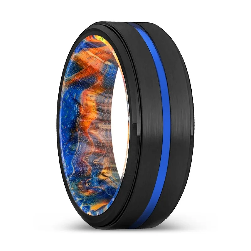 Women’s floral engagement ring-VICIOUS | Blue & Yellow/Orange Wood, Black Tungsten Ring, Blue Groove, Stepped Edge