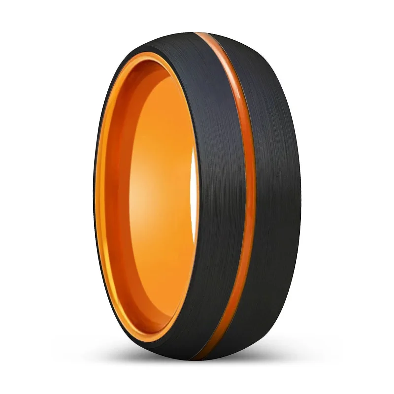 Women’s engagement ring with white diamonds-FURY | Orange Ring, Black Tungsten Ring, Orange Groove, Domed