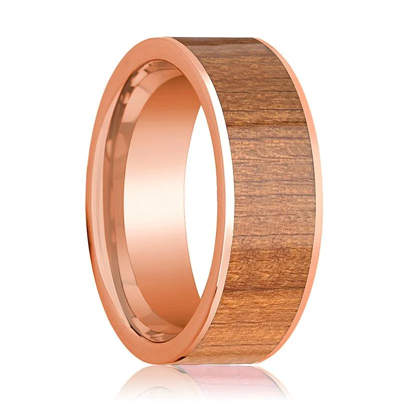 Women’s wedding ring with ruby gemstones-Men's 14k Rose Gold Flat Wedding Band with Cherry Wood Inlay Polished Finish - 8MM