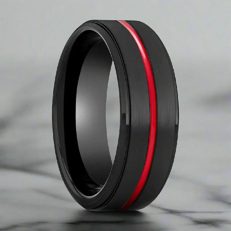 Women’s engagement rings with intricate details-BATMOBILE | Black Ring, Black Tungsten Ring, Red Groove, Stepped Edge