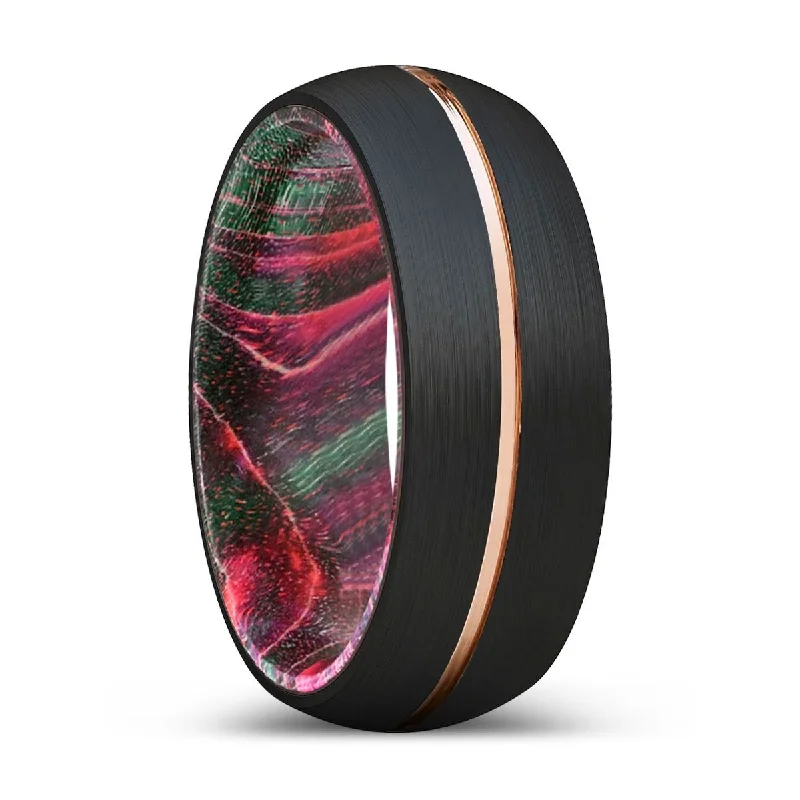 Women’s floral engagement ring-POGO | Green & Red Wood, Black Tungsten Ring, Rose Gold Groove, Domed