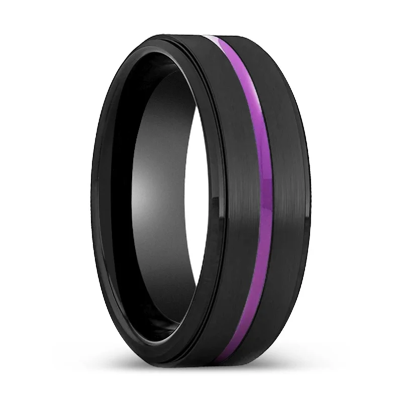 Women’s men’s engagement ring-NIGHTSHADE | Black Ring, Black Tungsten Ring, Purple Groove, Stepped Edge