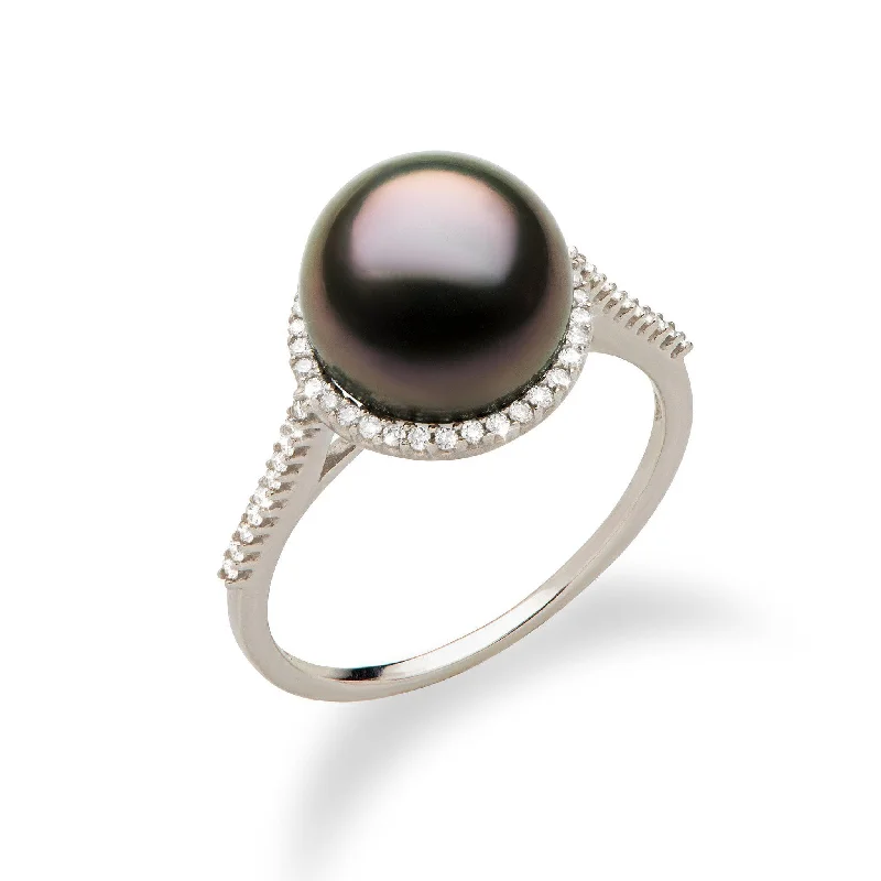 Women’s antique style engagement rings-Tahitian Black Pearl Halo Ring in White Gold with Diamonds - 9-10mm