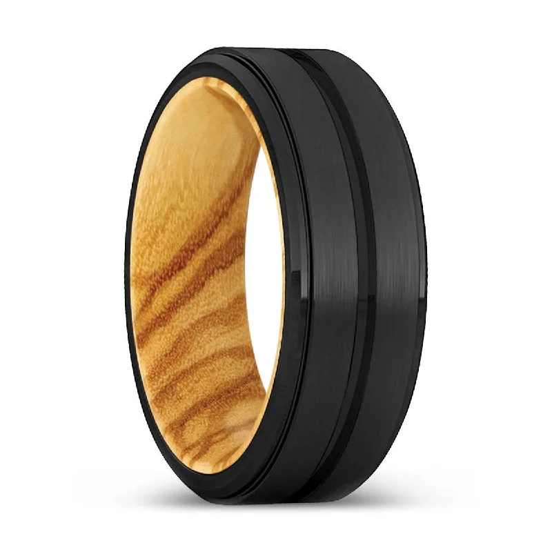 Women’s engagement ring set-AUBREY | Olive Wood, Black Tungsten Ring, Grooved, Stepped Edge