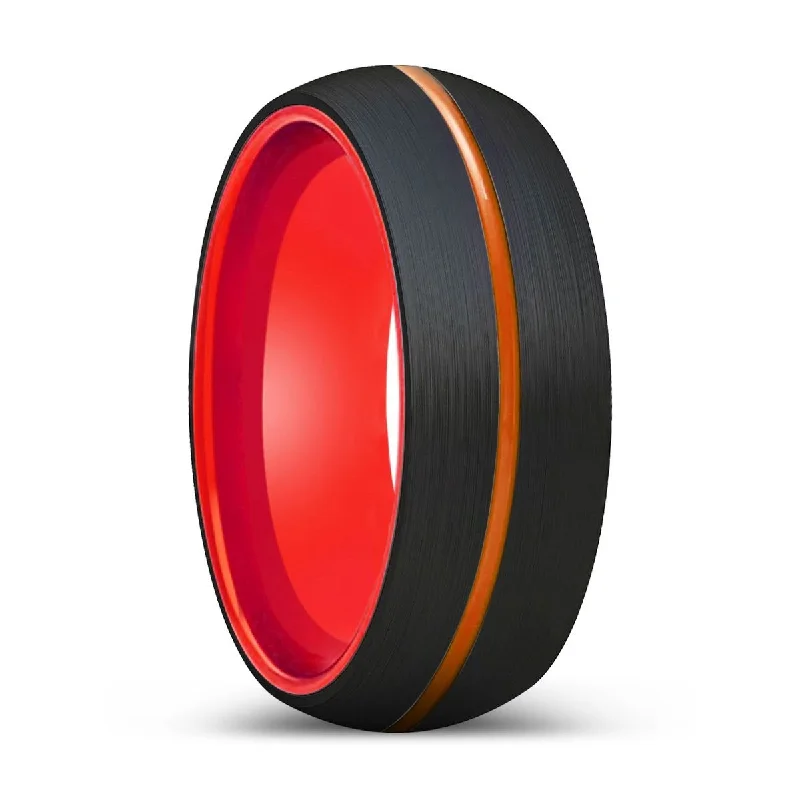 Women’s silver wedding ring-ENFORCER | Red Ring, Black Tungsten Ring, Orange Groove, Domed