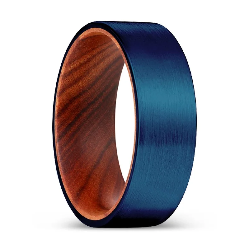 Women’s matching wedding bands-MITZI | IRON Wood, Blue Tungsten Ring, Brushed, Flat