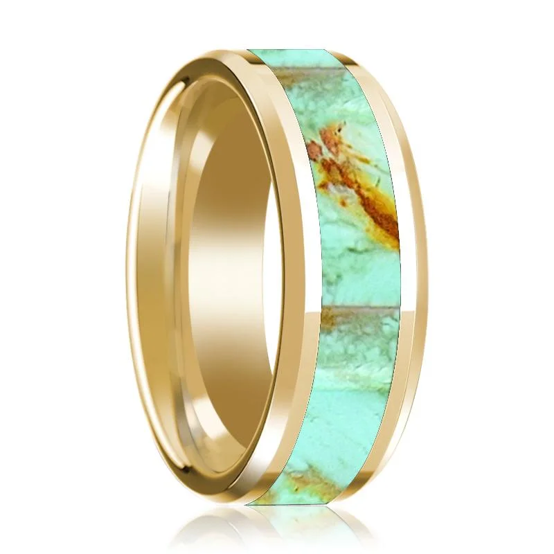 Women’s diamond ring with engraved band-Men's Polished 14k Yellow Gold Wedding Band with Turquoise Stone Inlay & Beveled Edges - 8MM